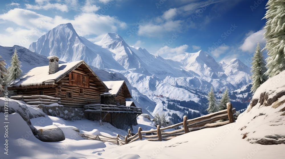 Traditional mountain cabin in the Alps in winter Generative AI - obrazy, fototapety, plakaty 