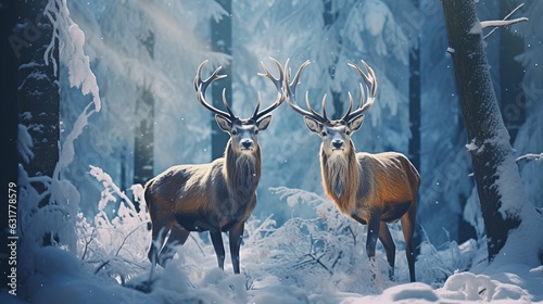 Noble deer male and female in winter snow forest Generative AI