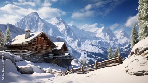 Traditional mountain cabin in the Alps in winter Generative AI