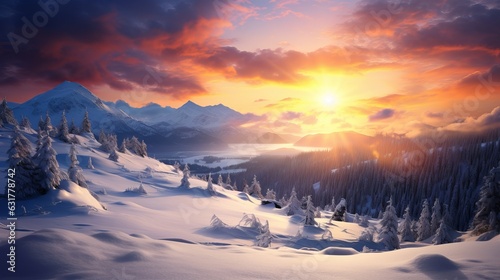 Beautiful winter sunset with sunstar at the mountain Generative AI © Suleyman