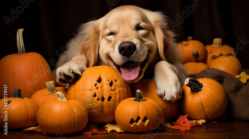 Playful Golden retriever surrounded by pumpkin-shaped chew toys, Halloween, Pumpkin, Halloween pet Generative AI