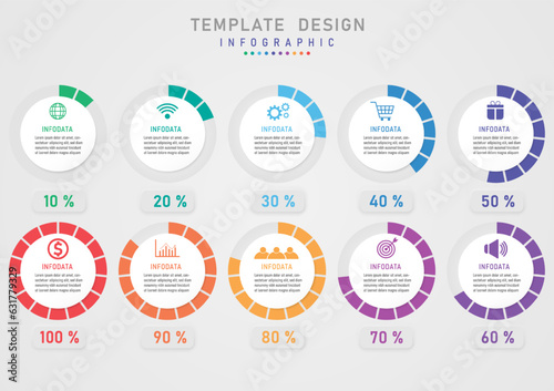 infographic template circle divided into multi colored sections The button below has a percentage number. In the middle of the white circle there are letters and icons with a gray gradient background.
