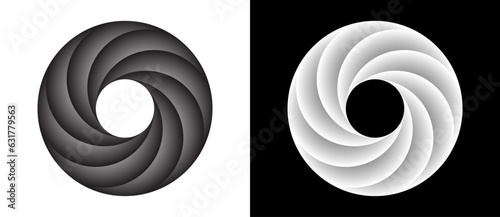 Circle with segments and gradients. Logo or icon for any project. Black shape on a white background and the same white shape on the black side.