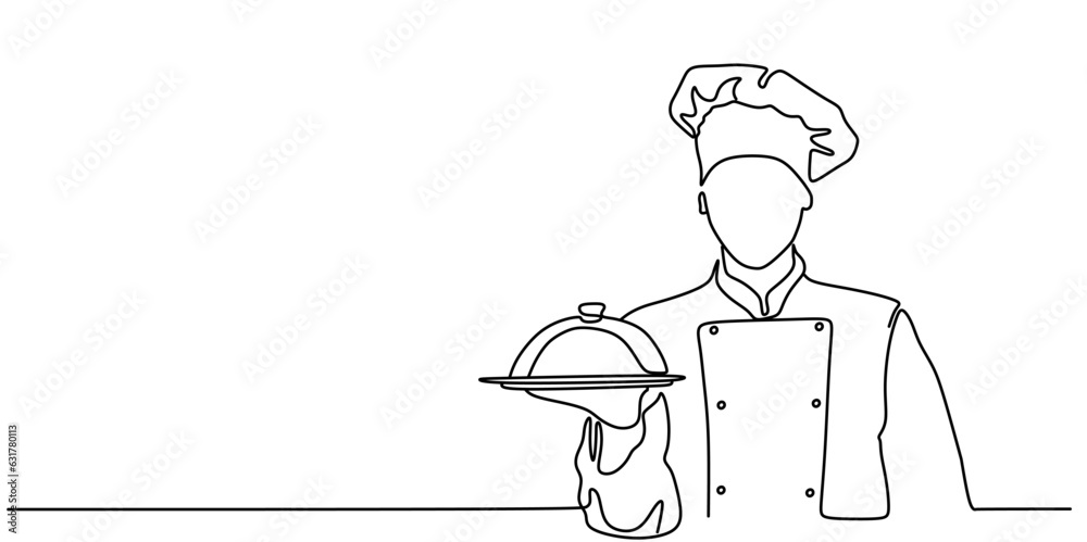 continuous line drawing of chef preparing food