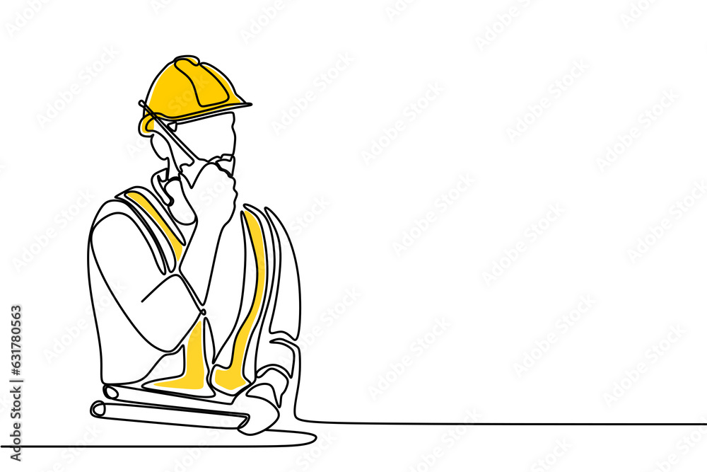 Single continuous line drawing of young construction worker. Building architecture business concept. One line draw design transparent background PNG Single continuous line drawing of young construction worker. Building architecture business concept. One line draw design transparent background PNG