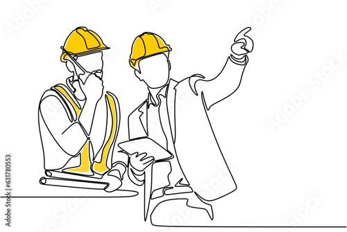 Single continuous line drawing of young construction manager giving instruction to builder coordinator at site meeting. Building architecture business concept. One line draw design vector