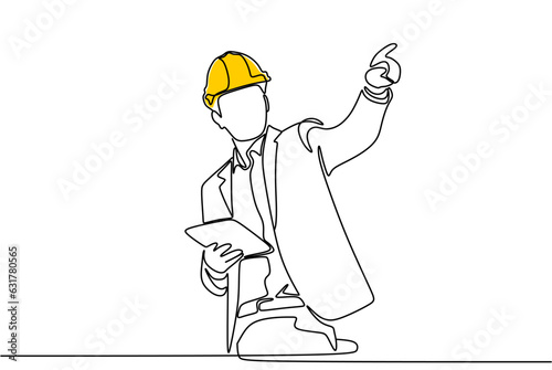 Single continuous line drawing of young construction manager giving instruction to builder coordinator at site meeting. Building architecture business concept. One line draw design vector