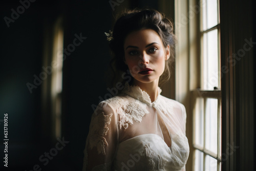 a portrait of a bride before her wedding, dark light photography