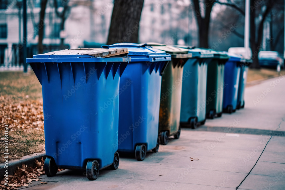 Recycling bins. Colorful trash cans in a row in the city. Recycling concept. Recycling bins. Colorful trash cans in a row in the city. Recycling concept.