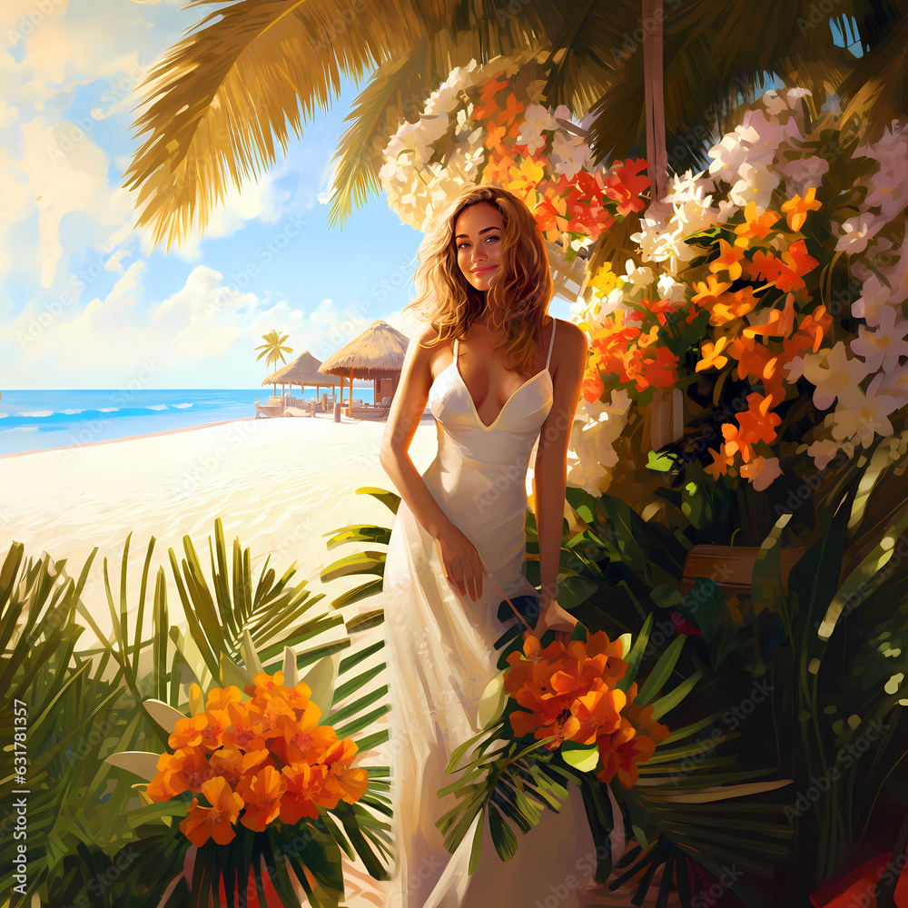 Naklejka premium Illustration of a beautiful woman on vacation on a tropical island