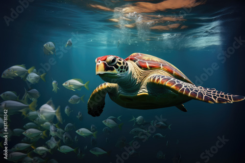 a turtle swims with a group of fishes, ai generated.
