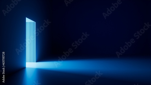 Fototapeta Naklejka Na Ścianę i Meble -  3d render, abstract blue geometric background. Bright light going through the door portal inside the empty dark room