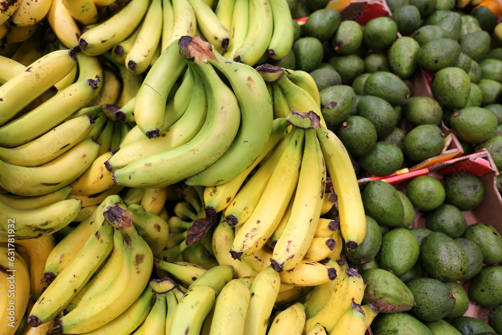 close up of organic and fresh banana fruits in the supermarket