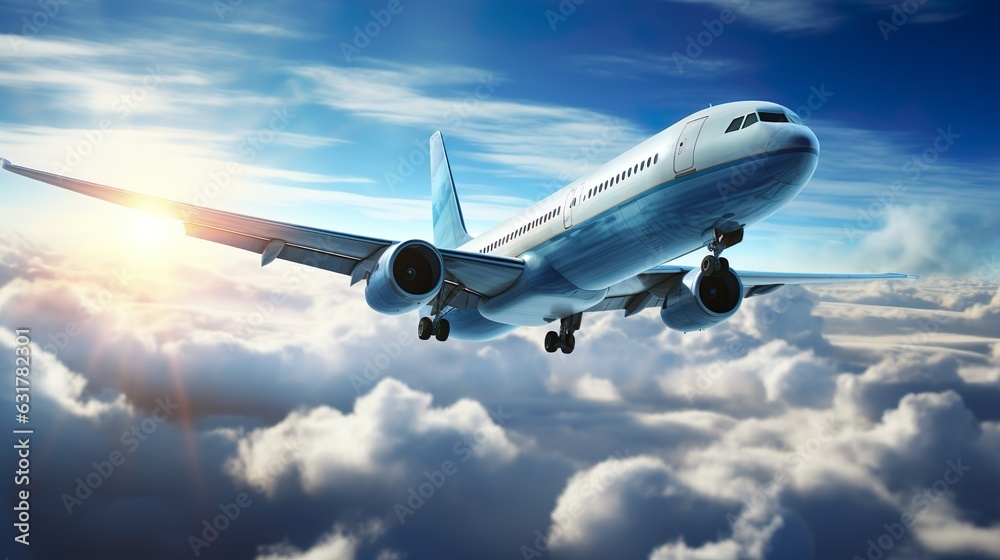 Passenger commercial airplane flying above clouds during sunset