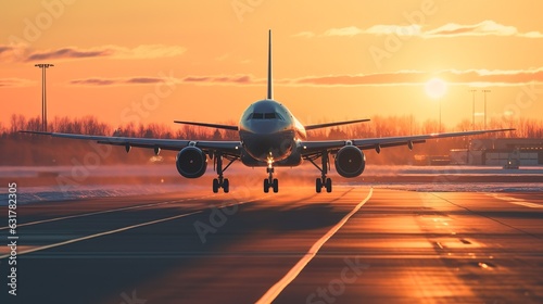 Passenger commercial airplane flying above clouds during sunset