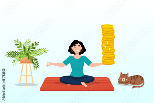 Young woman sitting relax getting stack of money coins in her hand, passive income getting money while doing nothing, financial independence retire early, being wealthy by passive investing (Vector)