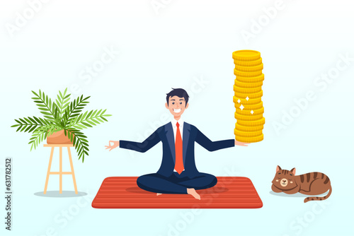 Young man sitting relax getting stack of money coins in his hand, passive income getting money while doing nothing, financial independence retire early, being wealthy by passive investing (Vector)