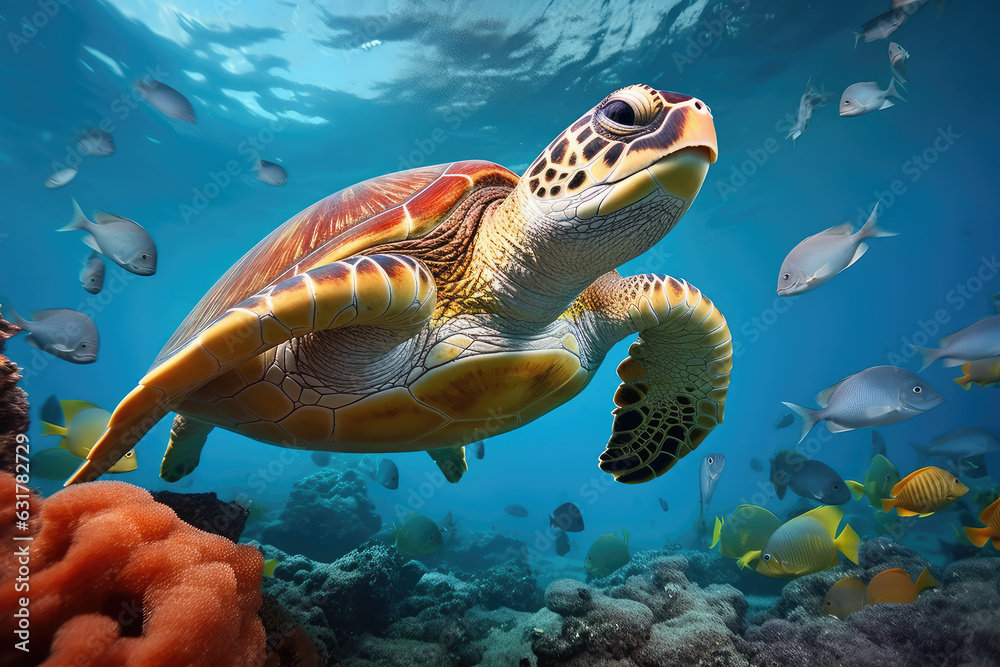 Fototapeta premium underwater photos of a large turtle and fishes, generative ai