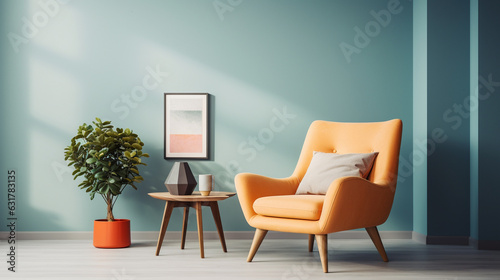 Stylish retro living room  70s style  minimalism  armchair  lamp and small table. Generative AI.  