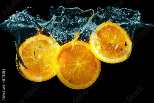 Fototapeta Naklejka Na Ścianę i Meble -  Three Orange Fruit Halves Dropped in Water on Black