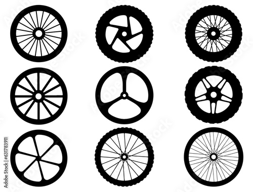 Set of bike wheels silhouette vector art
