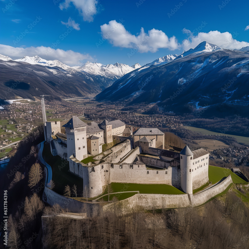 Mountains Alps, massive slopes, snow-capped peaks, ancient castle, high towers with sharp spiers, view of the castle from a height of 100 meters. Generative AI technology.