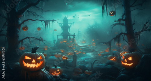 night moon bat holiday cemetery halloween dark horror pumpkin grave. Generative AI.