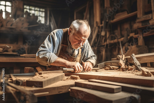 An unrecognizable man worker in the carpentry workshop, working with wood