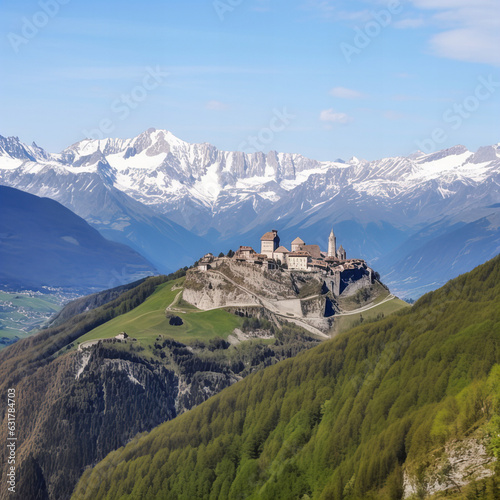 Mountains Alps, massive slopes, snow-capped peaks, ancient castle, high towers with sharp spiers, view of the castle from a height of 100 meters. Generative AI technology.
