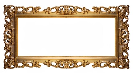 A rectangular wooden golden painting frame with antique ornaments. Full transparent PNG.