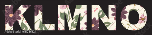 A set of vector letters of the english alphabet KLMNO with
a floral pattern
of pink (pastel) flowers for a t-shirt.
Fashionable romantic summer women's print for clothes, 
fabric, textile, paper.