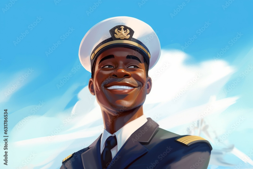 Smiling african-american captain in uniform stands on bridge of ship and blue sky background