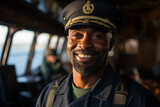 Smiling african-american captain in uniform stands on bridge of ship and blue sky background