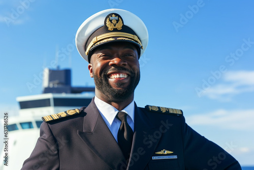 Smiling african-american captain in uniform stands on bridge of ship and blue sky background