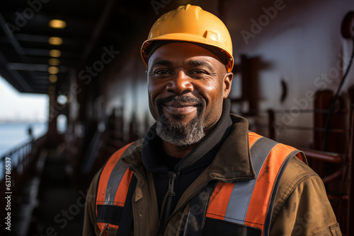 Smiling african american port docks worker in safety helmet and uniform