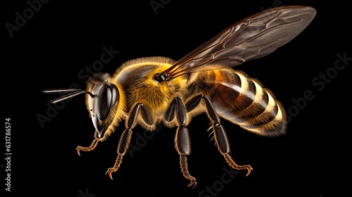 Stunning bee is flying isolated on black background. wildlife
