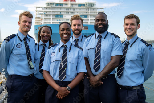 Commercial ship crew standing and together