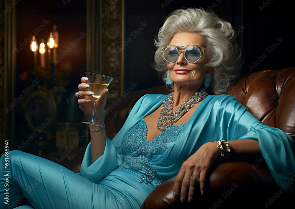 Fröhliche Seniorin genießt ihr Leben - mit einem Drink  - obrazy, fototapety, plakaty 