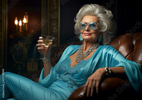 Fröhliche Seniorin genießt ihr Leben - mit einem Drink 