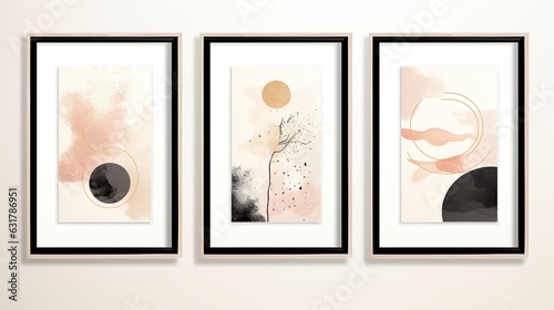 Abstract minimalist sets wall art in beige, green, gold colors. Simple line style. Gold geometric shapes, circles
