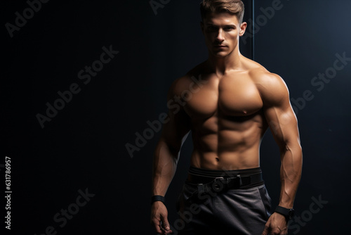 cropped view of Athletic guy with perfect abs, dark light photography