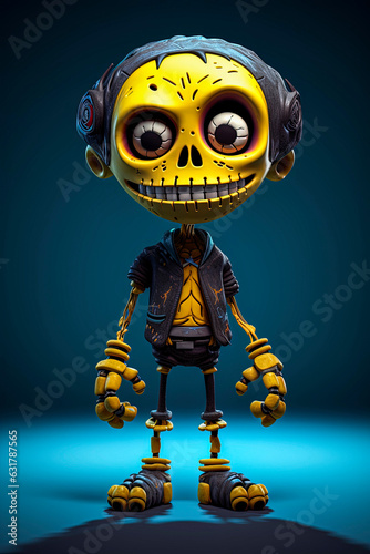 Generative AI illustration of funny skeleton happy cartoon character in 3D