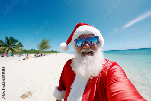Generative AI illustration of Santa Claus taking a selfie on a beach on a sunny day © Eduardo Lopez