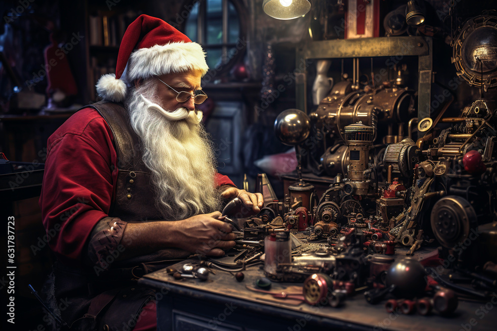 Generative AI illustration of Santa Claus making toys in a factory by the light of a light bulb Generative AI illustration of Santa Claus making toys in a factory by the light of a light bulb