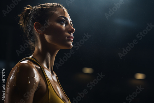 Female unrecognizable boxer looking away in guard, dark background