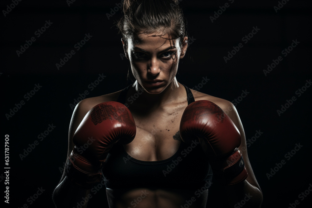 Female unrecognizable boxer looking away in guard, dark background
