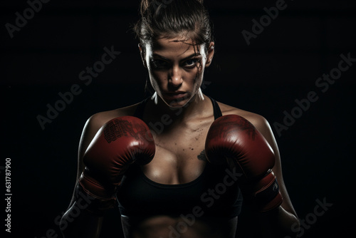 Female unrecognizable boxer looking away in guard, dark background © alisaaa