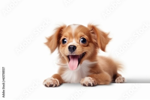 small cute dog with big ears asks for food, white background