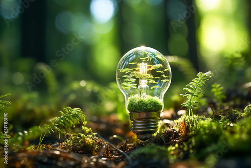 Green trees sprouting inside a light bulb, an environmental protection concept. Generative AI