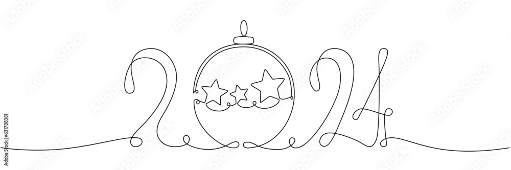 Obraz premium 2024 continuous single line sign. Vector stock illustration isolated on white background for design template new year banner, flyer, greeting card. Editable stroke.